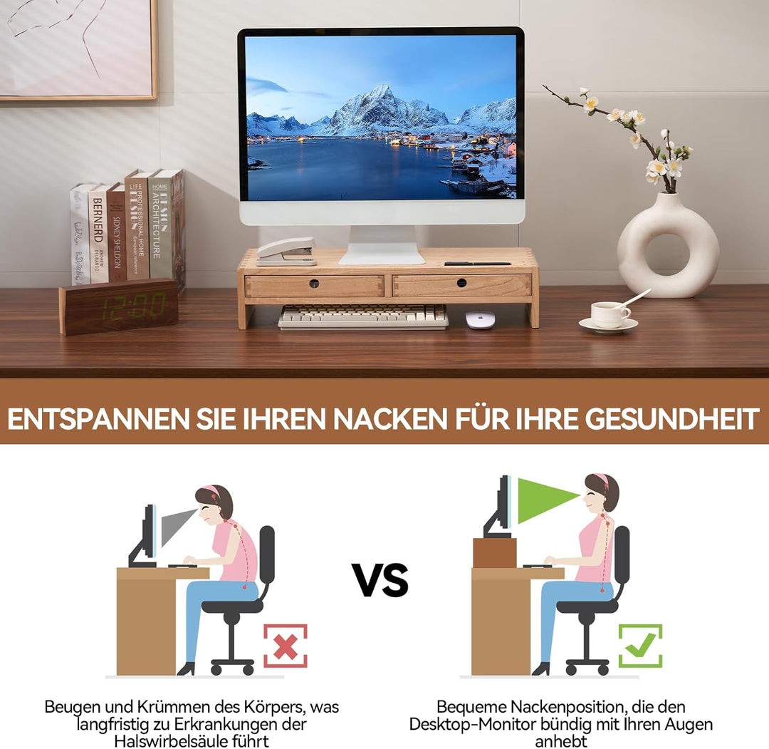 KIRIGEN hölzerner Monitorständer mit 2 Schubladen Computer Desktop Storage Organizer Lautsprecher TV