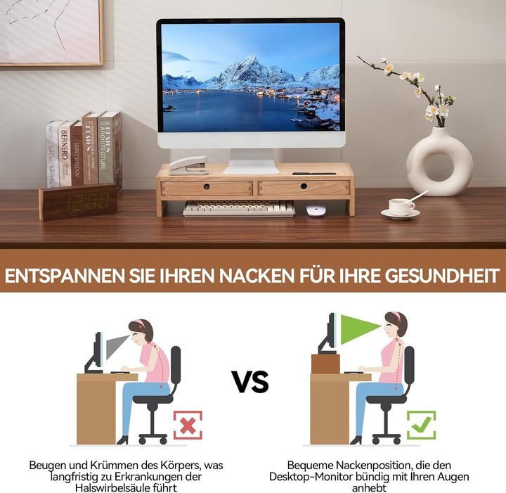 KIRIGEN hölzerner Monitorständer mit 2 Schubladen Computer Desktop Storage Organizer Lautsprecher TV