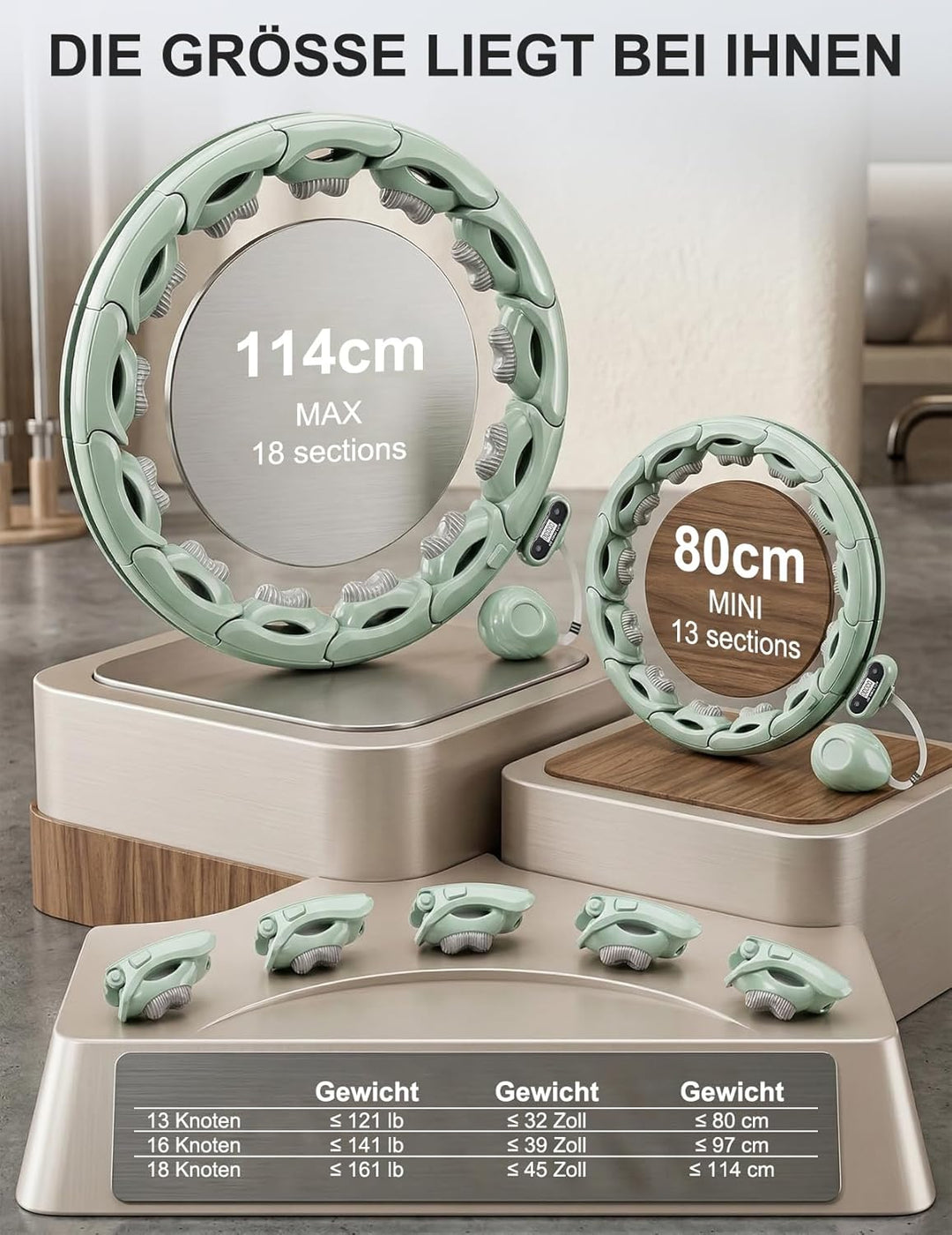 Smart Hula Hoop zum Abnehmen, 18 segmentig mit Taillenband Leiser Fitnessreifen mit 350g Gewichtskug