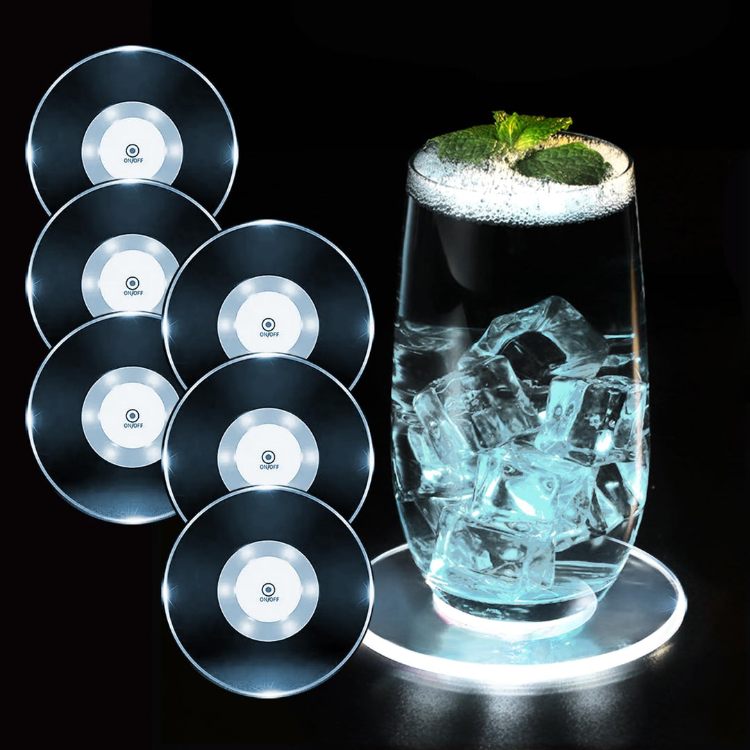 6er-Set Kühle Weiss LED Untersetzer für Getränke, ON/Off Wasserdicht Rund Untersetzer Acryl für Gläs