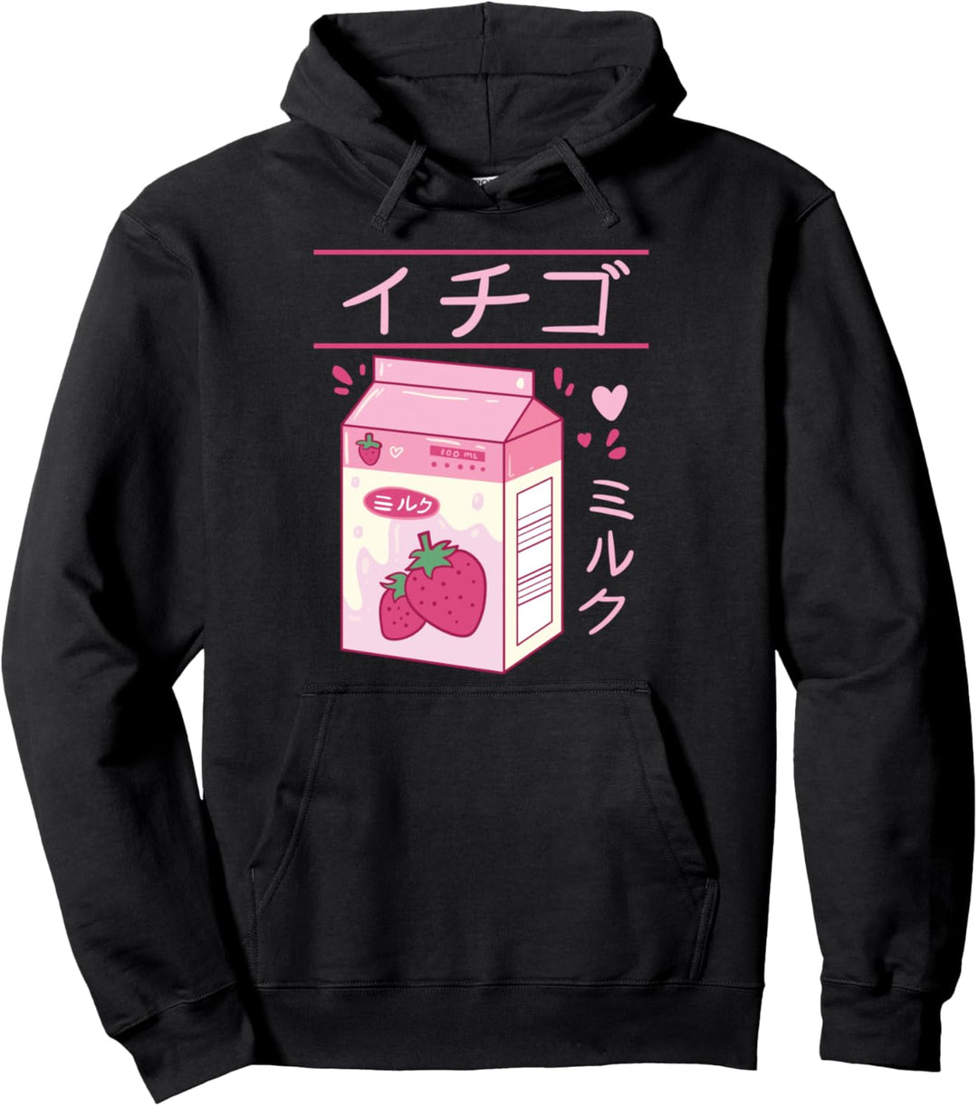 Japanische Erdbeer Milch Getränk Kawaii Kanji Retro Manga Pullover Hoodie