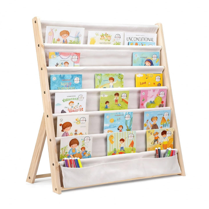 Bücherregal Kinder, 6 Ebenen Bücherregal Kinderzimmer, Aufbewahrung Kinderbücherregal mit Tasche, Bü