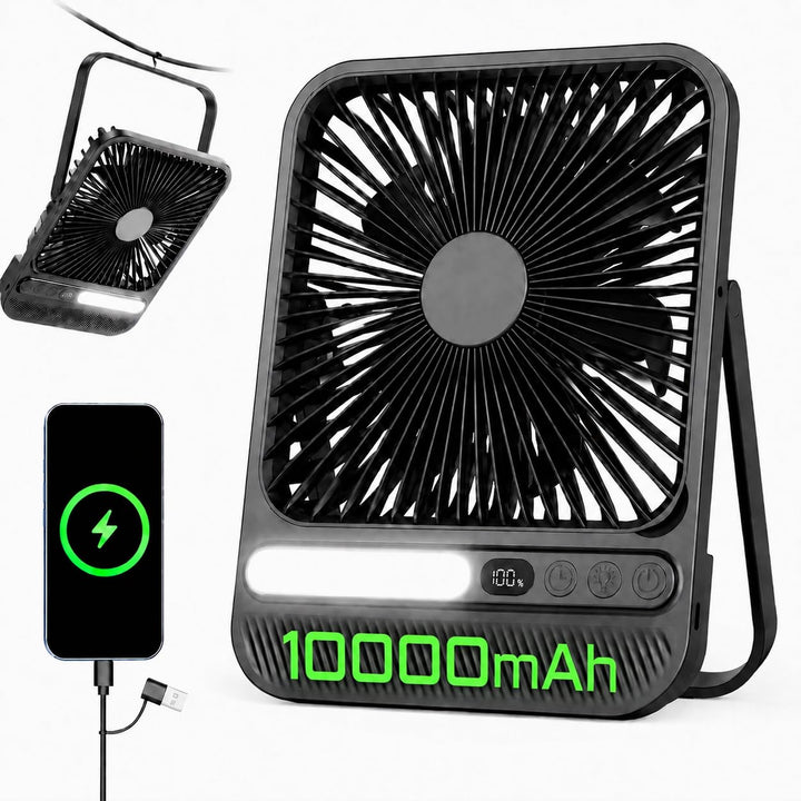Akku Ventilator, 7 Zoll, 10000mAh, 4 Geschwindigkeiten | Ultraflach, leise und tragbar, mit Display,