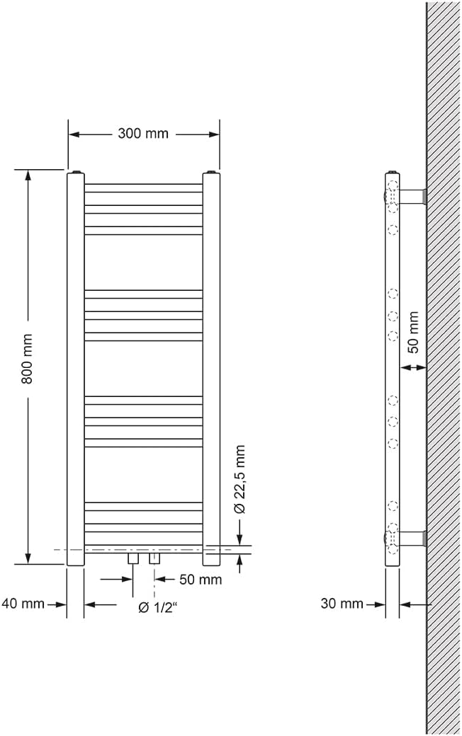 ECD Germany Badheizkörper Mittelanschluss 300 x 800 mm Weiss gerade mit Thermostat und Anschlussgarn
