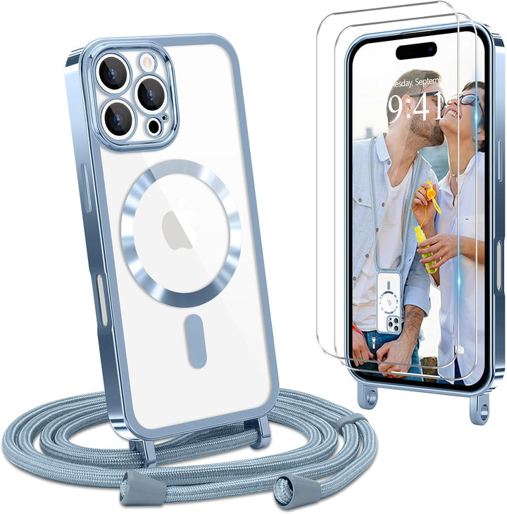 Handyband für iPhone 16 Pro Hülle mit Band + 2 Stück Glas Schutzfolie Transparent Silikon Handyhülle