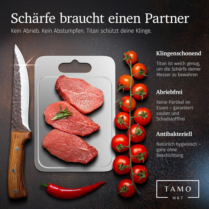 TAMO Titan Schneidebrett, mit Saftrille, aus 100% reinem Titan, hygienisch, antibakteriell & langleb