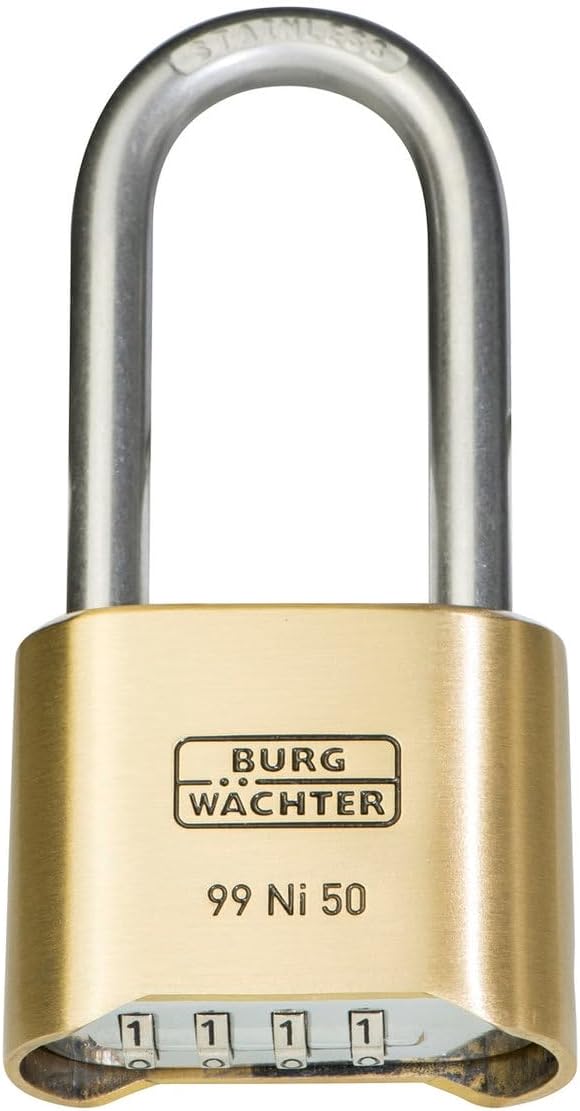 Burg-Wächter Vorhängeschloss, Rostfrei, mit Zahlenschloss, 7,8 mm Bügelstärke, Massiver Messingkörpe