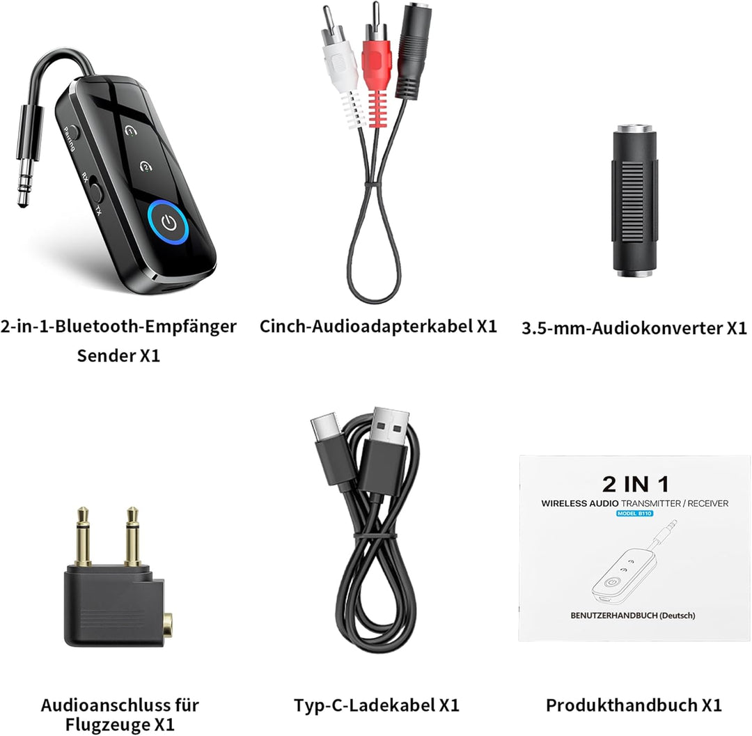 SONRU Bluetooth 5.3 Sender-Empfänger Klinke, 2-in-1 Bluetooth Adapter Flugzeug Bluetooth Splitter mi