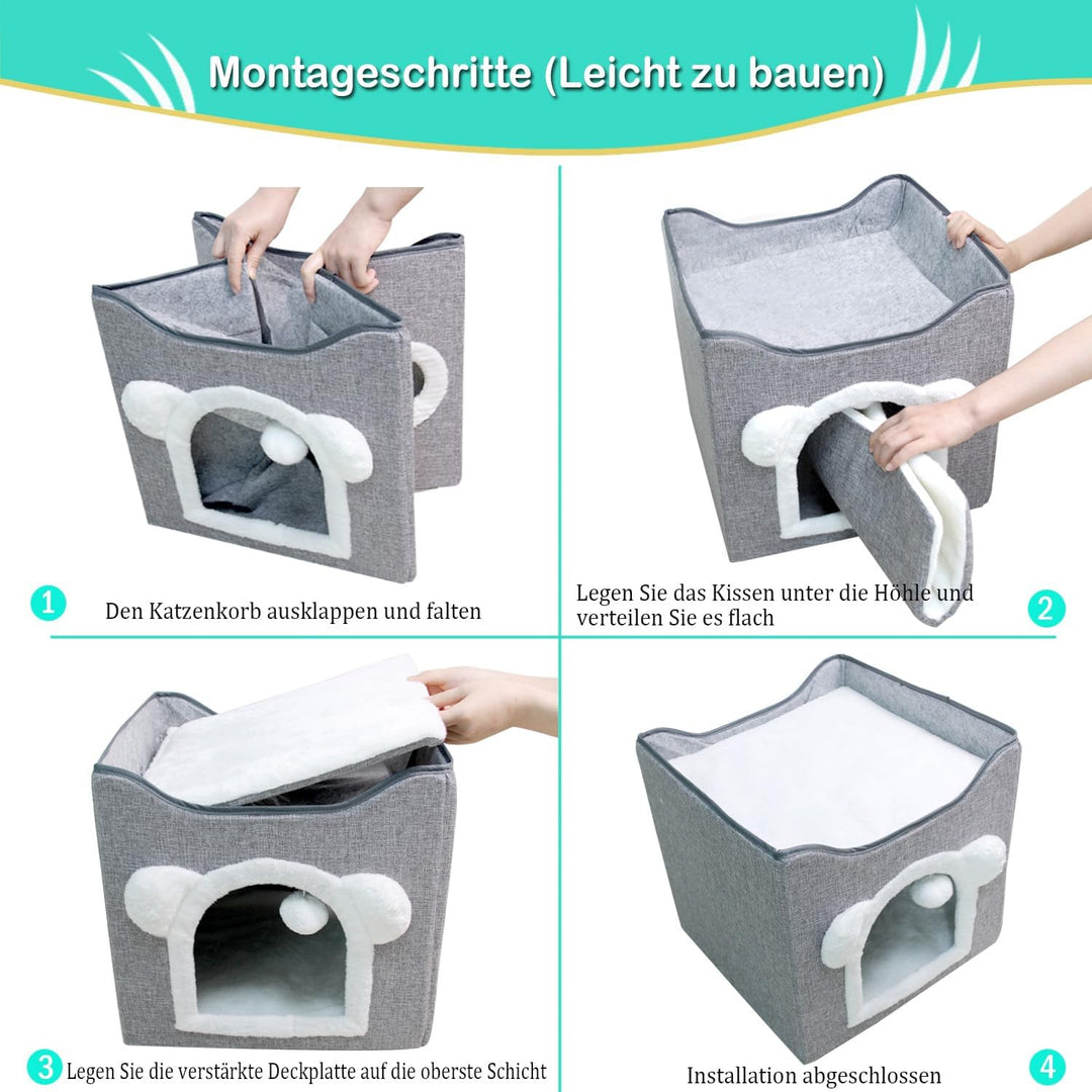 Faltbares Katzenhaus KatzenhöhleIndoor, schönHaus für Katzen mit Terrasse, Katzenhöhle 2 Schicht, mi