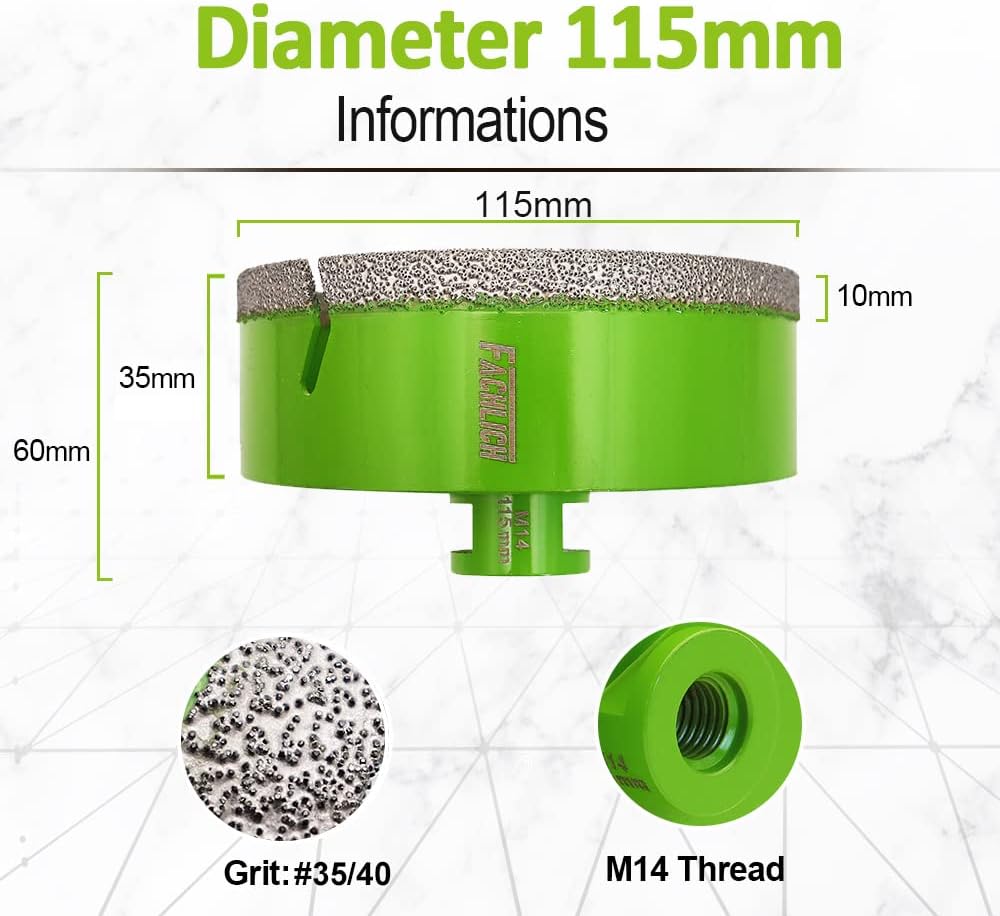 FACHLICH Diamantbohrer Fliesenbohrer 115mm Diamant-Bohrkronen Lochsäge M14 Gewinde für Porzellan Fli