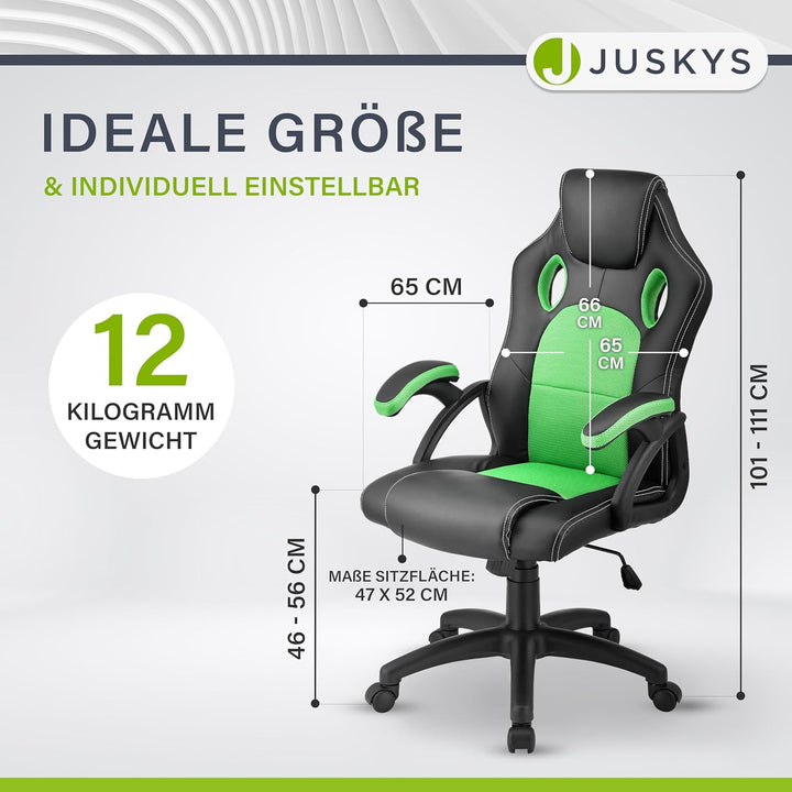 Juskys Racing Schreibtischstuhl Montreal grün | Armlehnen gepolstert & ergonomische Rückenlehne | Bü