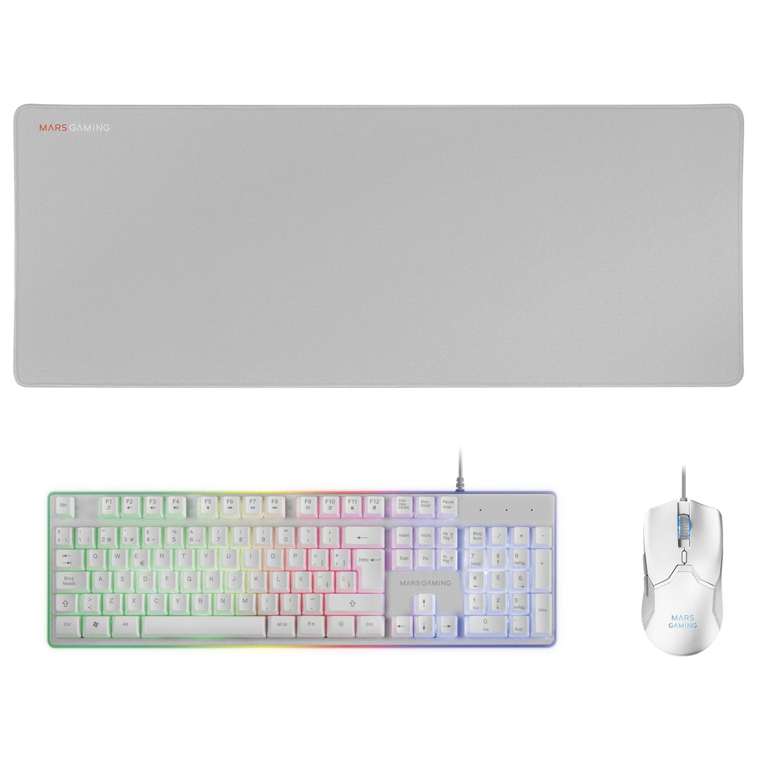 Mars Gaming MCPXWES, Combo Tastatur H-Mech FRGB, Ultralight Maus 10000DPI & XXL Mousepad, Weiss, Spa