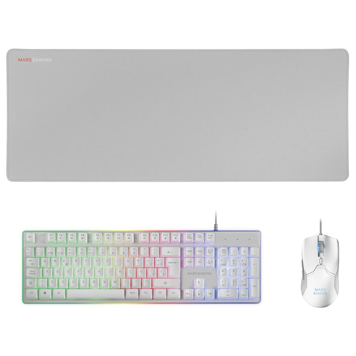 Mars Gaming MCPXWES, Combo Tastatur H-Mech FRGB, Ultralight Maus 10000DPI & XXL Mousepad, Weiss, Spa