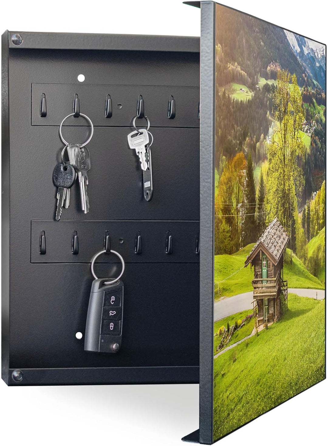 banjado® Grosser Schlüsselkasten Glas/Schlüsselbox 30cm x 30cm mit 50 Haken - Motiv Berchtesgadener