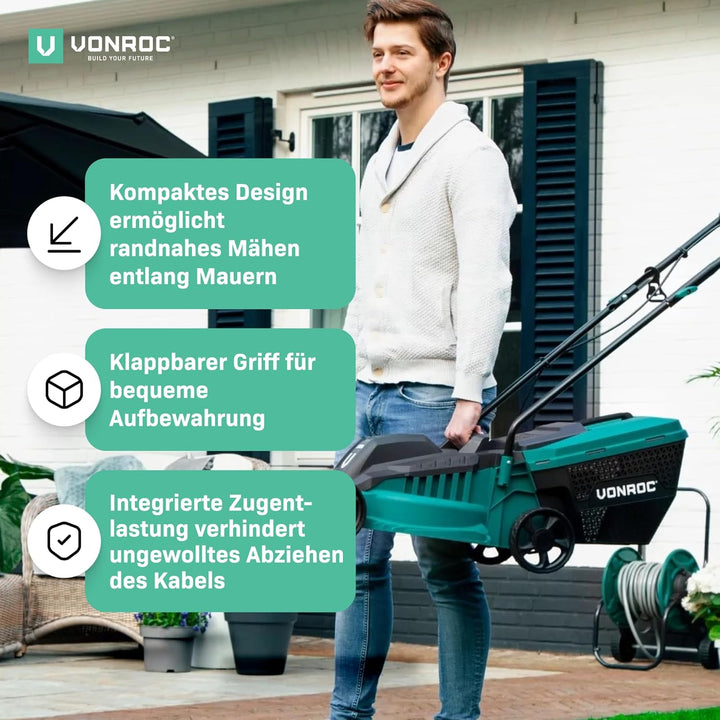 VONROC Rasenmäher Elektro mit Kabel | 1300W - 32cm Schnittbreite - einstellbare Schnitthöhe 30-70MM