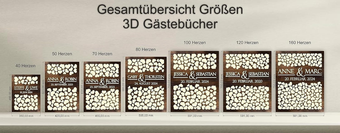Manschin-Laserdesign Personalisiertes 3D Gästebuch mit 40-160 Herzen | aus echtem Holz | Gästebuch A