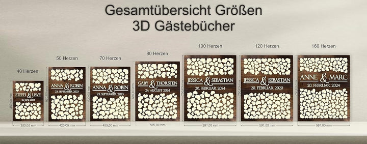 Manschin-Laserdesign Personalisiertes 3D Gästebuch mit 40-160 Herzen | aus echtem Holz | Gästebuch A