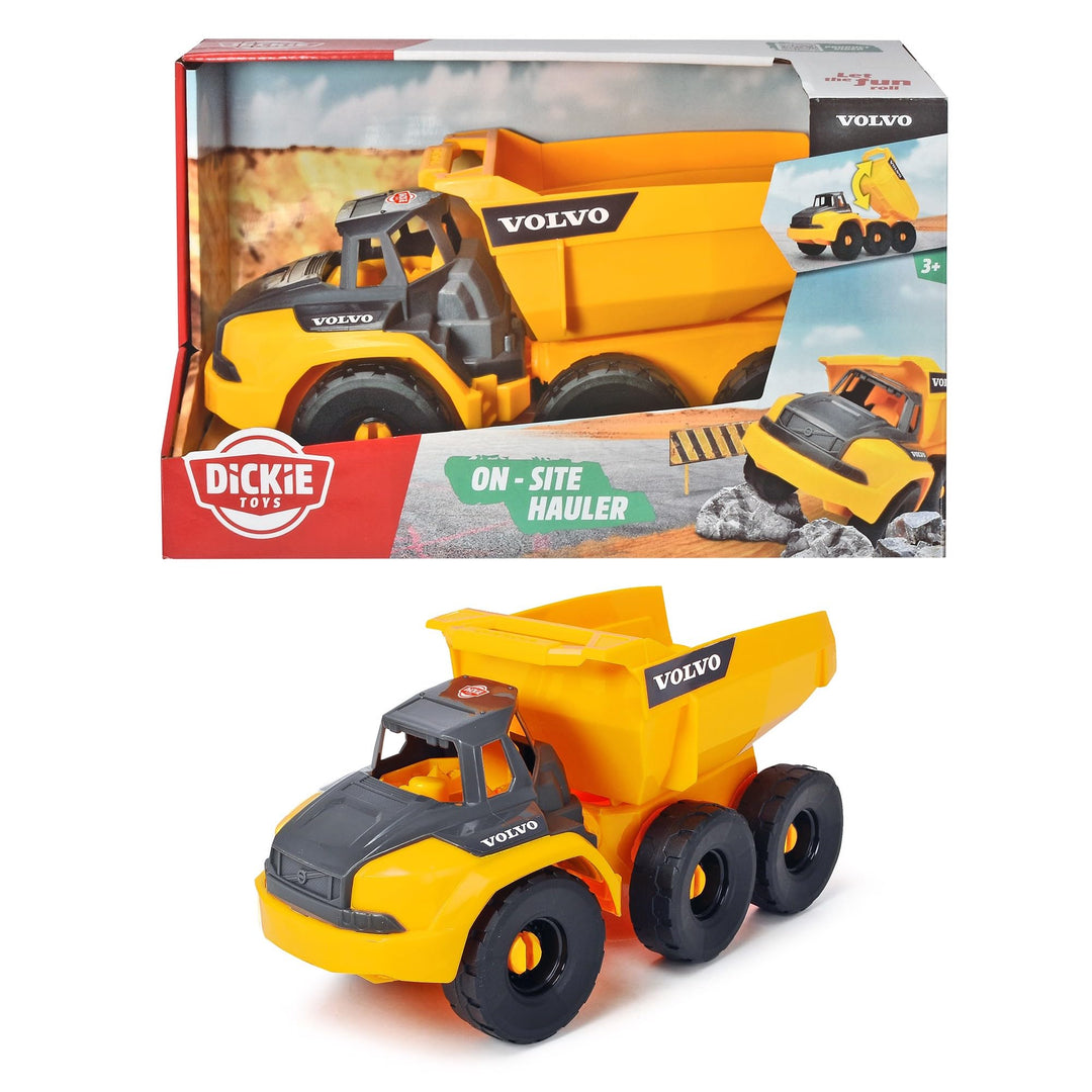Dickie Toys Volvo Muldenkipper, Spielzeug Kipplaster mit Freilauf, bewegliche Gelenkachse hinter Füh