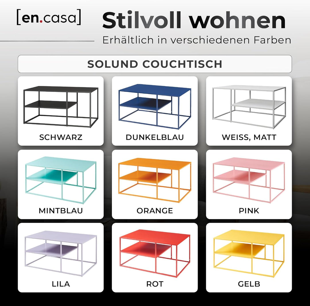 [en.casa] Couchtisch Solund Beistelltisch Metall Schwarz matt Wohnzimmertisch mit Stauraum 45 x 90 x