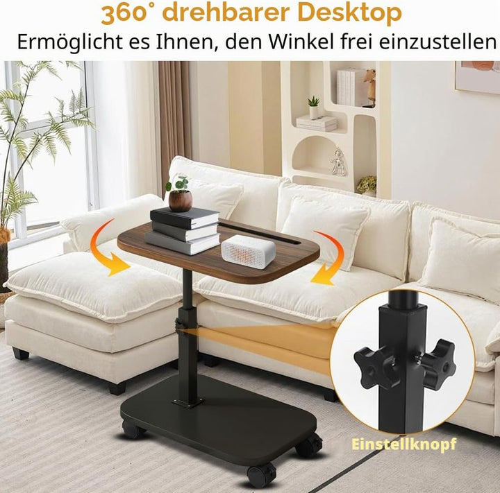 Beistelltisch mit Rollen, 360° Drehbarer Beistelltisch C Form und Höhenverstellbar Sofatisch, Coucht