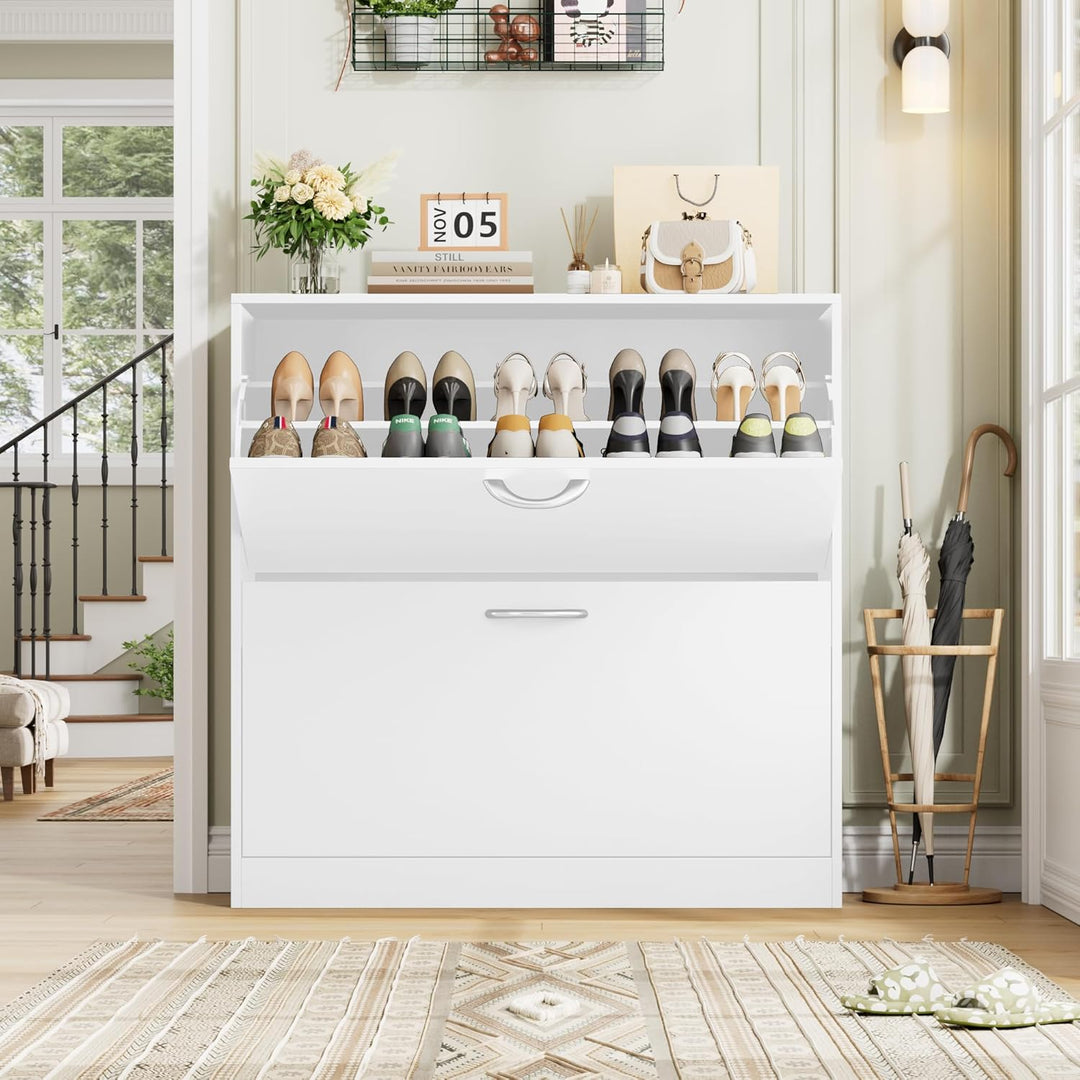 FirFurd Schuhregal mit 2 Fächern, Schuhschrank Weiss, Schuhkipper schmal, Schuhablage verstellbar, A