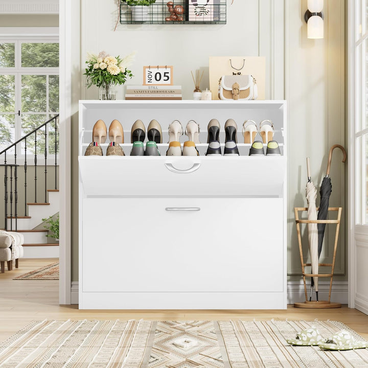 FirFurd Schuhregal mit 2 Fächern, Schuhschrank Weiss, Schuhkipper schmal, Schuhablage verstellbar, A