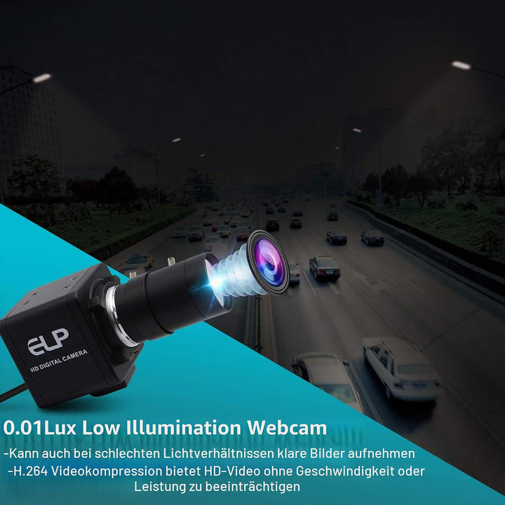 ELP FHD 1080P Zoom Webcam mit 5-50mm Variable Fokus Objektiv,2MP IMX323 Web Kamera Plug&amp;Play,0.01Lux