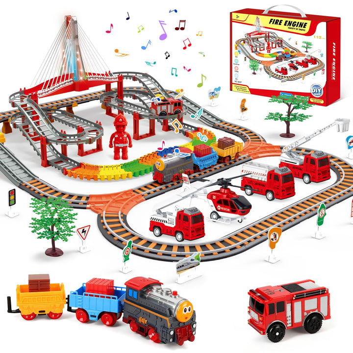 JONRRYIN Kinder Eisenbahnschiene Zug Spielzeug Set, Autorennbahn Spielzeug mit Zug&Autobahnautos, fü