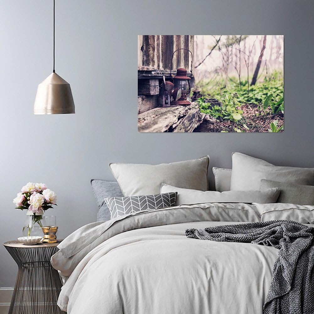 Feeby Frames, Leinwandbild, Bilder, Wand Bild, Wandbilder, Kunstdruck 50x70cm, LATERNE, HÜTTE, WALD,
