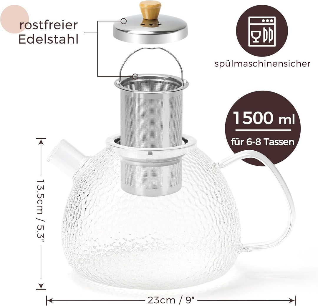 Glas Teekanne mit Siebeinsatz - 1,5 Liter - Erhöhte Glasstärke - Teekanne Glas - Teezubereiter für L