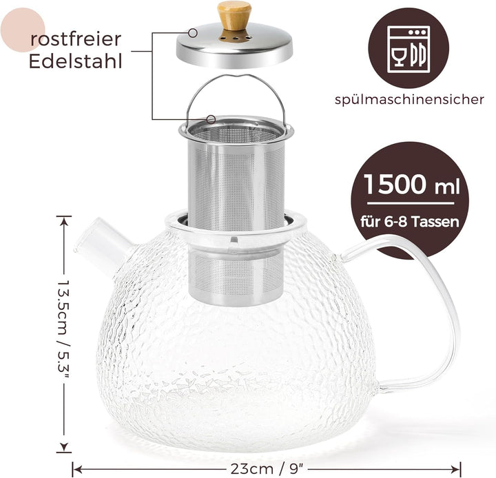 Glas Teekanne mit Siebeinsatz - 1,5 Liter - Erhöhte Glasstärke - Teekanne Glas - Teezubereiter für L