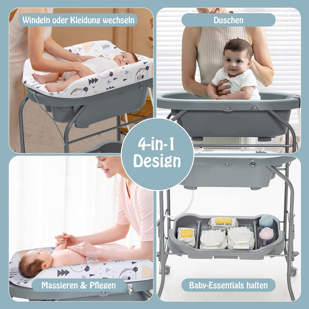 DREAMADE 2 in 1 Wickeltisch & Badewanne mit Gestell, Wickeltisch Klappbar, Wickelkommode auf Rollen