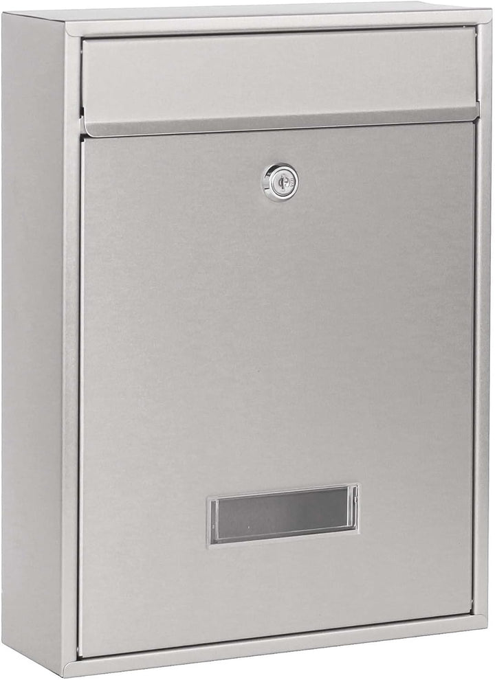 Wiltec Briefkasten V10 Edelstahl 260 x 90 x 350 mm, Wandbriefkasten mit Schloss und Namensschild, Po