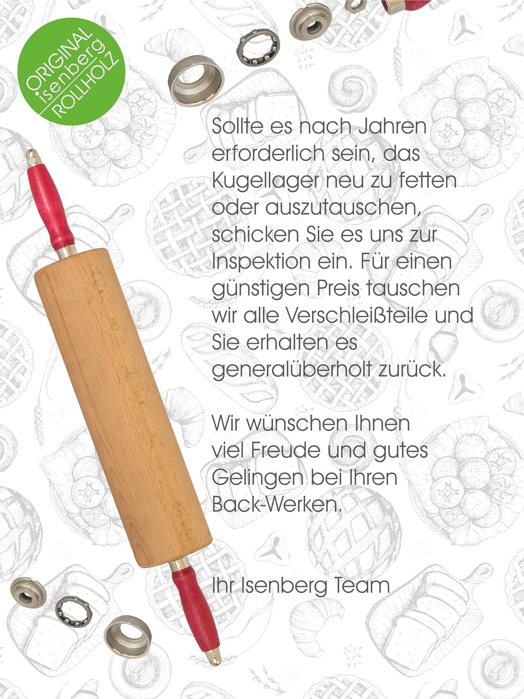 isenberg® Profi Rollholz - aus einem Stück Buchenholz - Kugelgelagert (25 cm) (Nudelholz, Teigrolle,