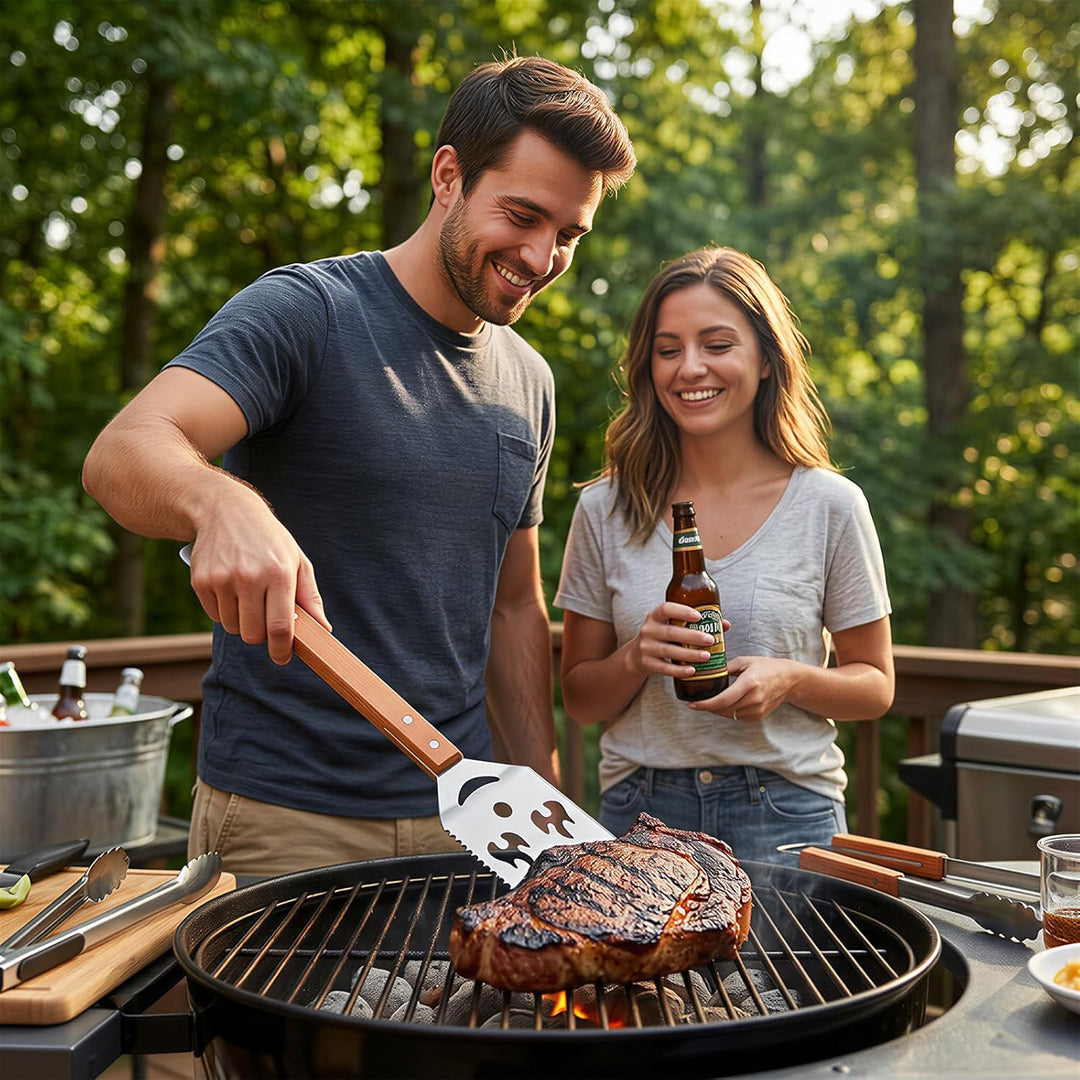 7 in 1 grillspachtel für Barbecue Grill Multifunktion Grillbesteck mit Holzgriff Geschenke für Männe