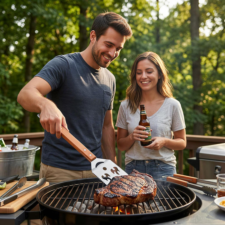 7 in 1 grillspachtel für Barbecue Grill Multifunktion Grillbesteck mit Holzgriff Geschenke für Männe