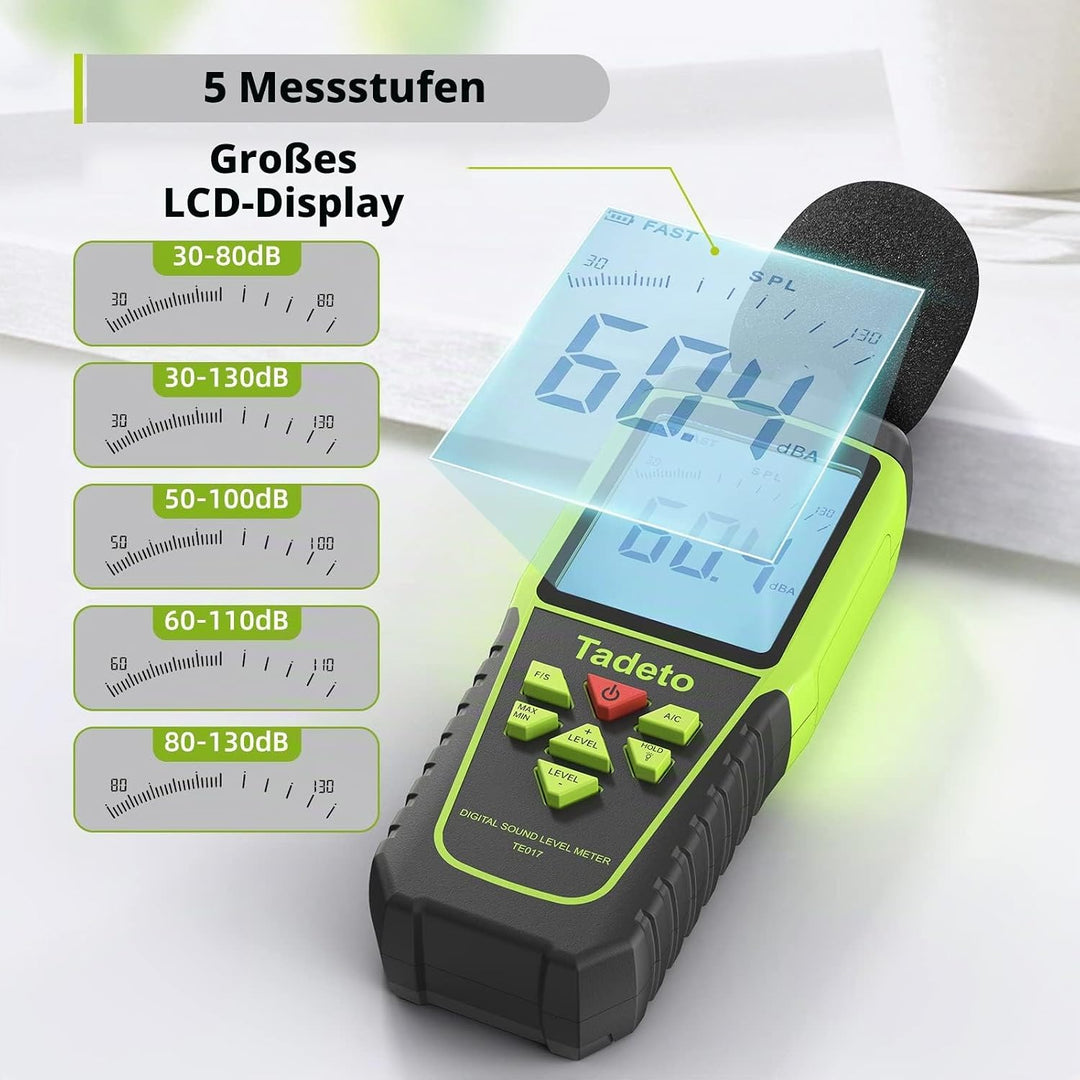 Dezibel Messgerät, Tadeto Schallpegelmesser Portable db Messgerät 30dB bis 130dB (5 Messbereich) Hin