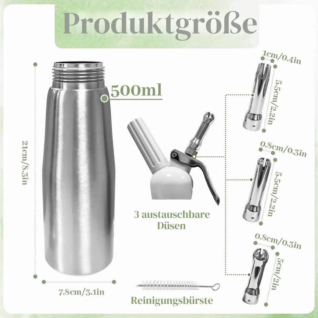 Sahnespender, Sahnesyphon, Sahnespender Edelstahl 500ml, Espuma Flasche, für Sahne, Schlagsahne, Mou