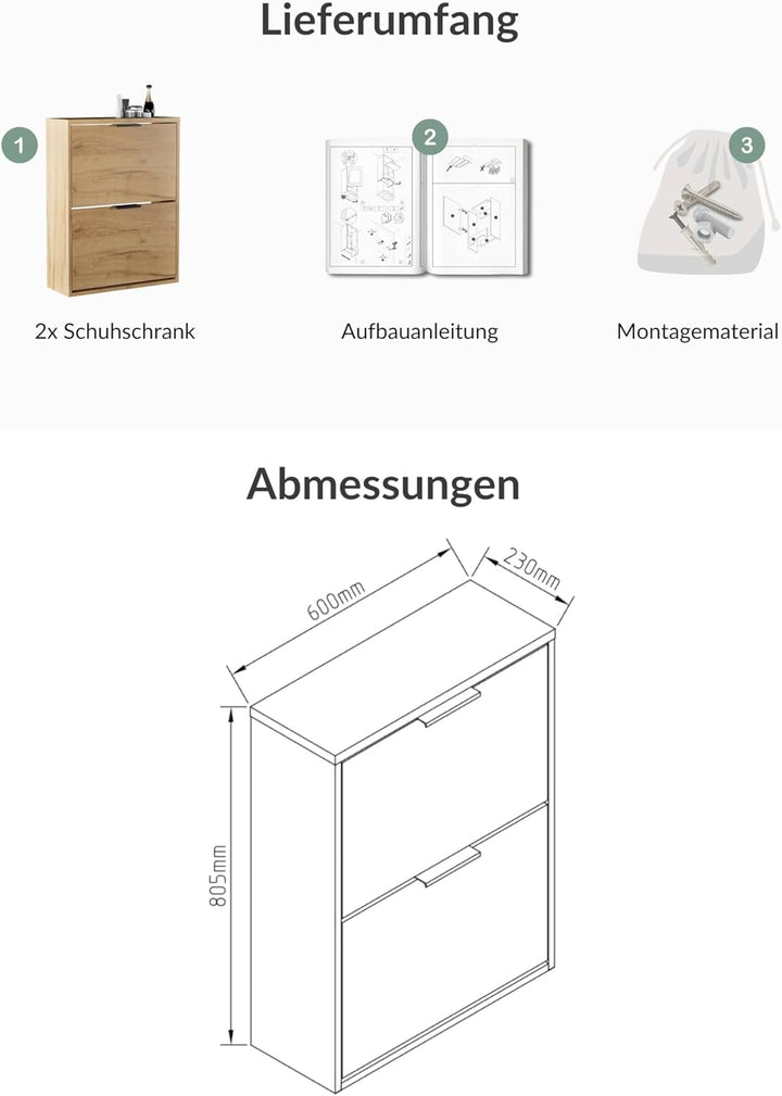 Planetmöbel 2 x Schuhschrank schmal mit 2 Klappen platzsparender Schuhregal mit 4 Ablagen, Schuhkomm