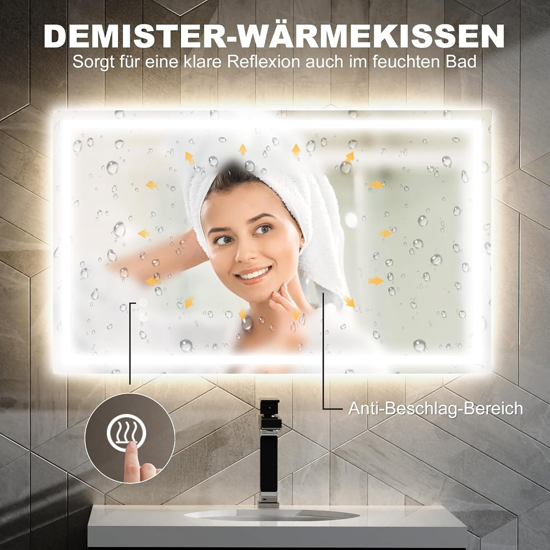 HOMCOM Badspiegel mit Beleuchtung 100x60 cm Badezimmer Spiegel Silber | Vor- und Hinter Beleuchtung,