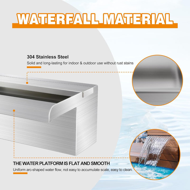 Teich Wasserfallklingen Set, 30 cm Edelstahl Poolfontäne mit Zubehör, Breite 15 cm Auslauf Wasserspi