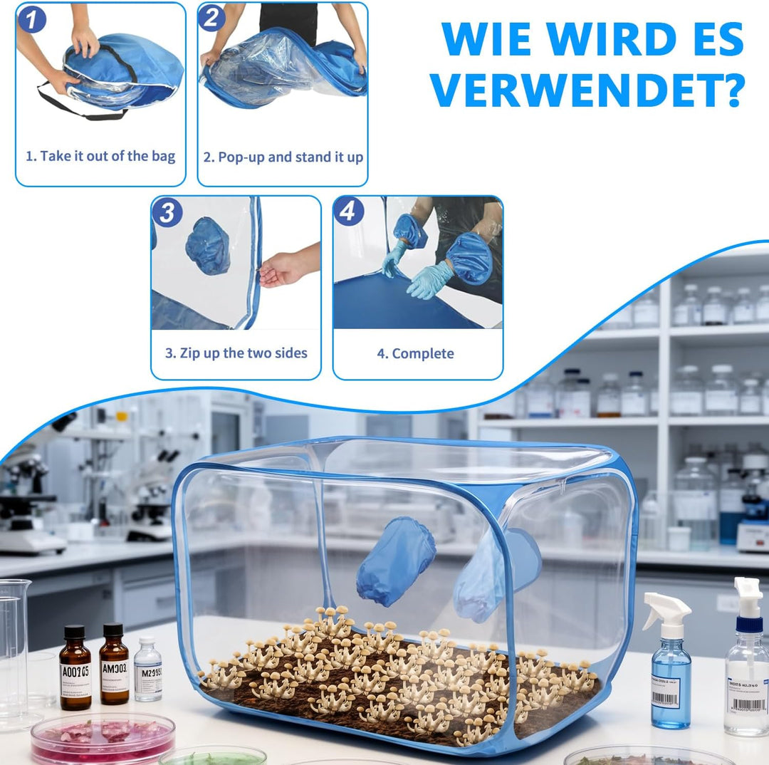 Pilzzucht Zelt, Tragbarer und Klappbarer Mushroom Grow Kit, Still Air Box mit Rutschfesten Handschuh