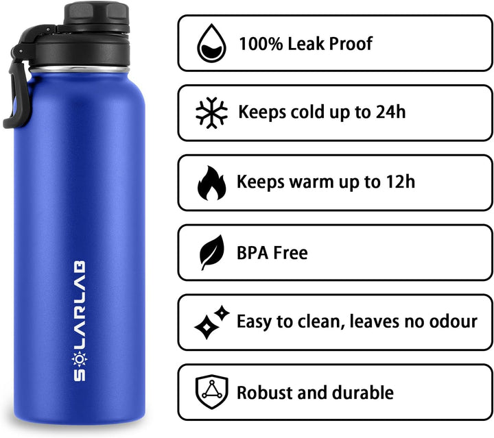 SOLARLAB Trinkflasche edelstahl - Thermoflasche Isolierflasche Thermoskanne 1l für heisse und kalte