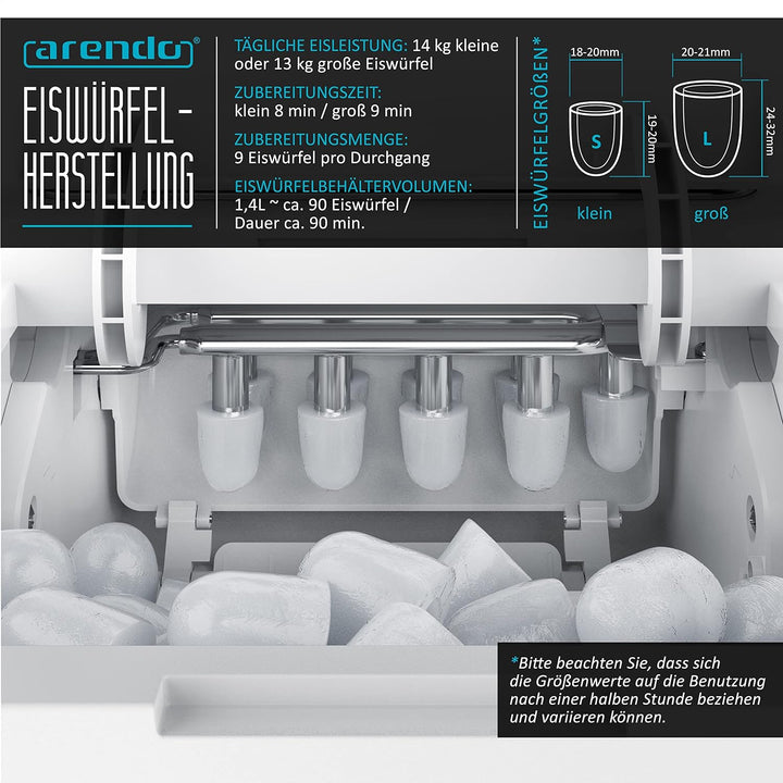 Arendo - Eiswürfelmaschine Edelstahl – Eiswürfelbehälter 1,4 Liter - 2 Eiswürfelgrössen S und L - mi