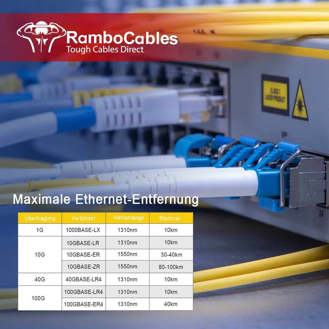 RamboCables LWL Patch-Kabel - OS2 LC auf LC Glasfaser-Kabel 60 m - Singlemode Duplex LSZH 9/125µm 10