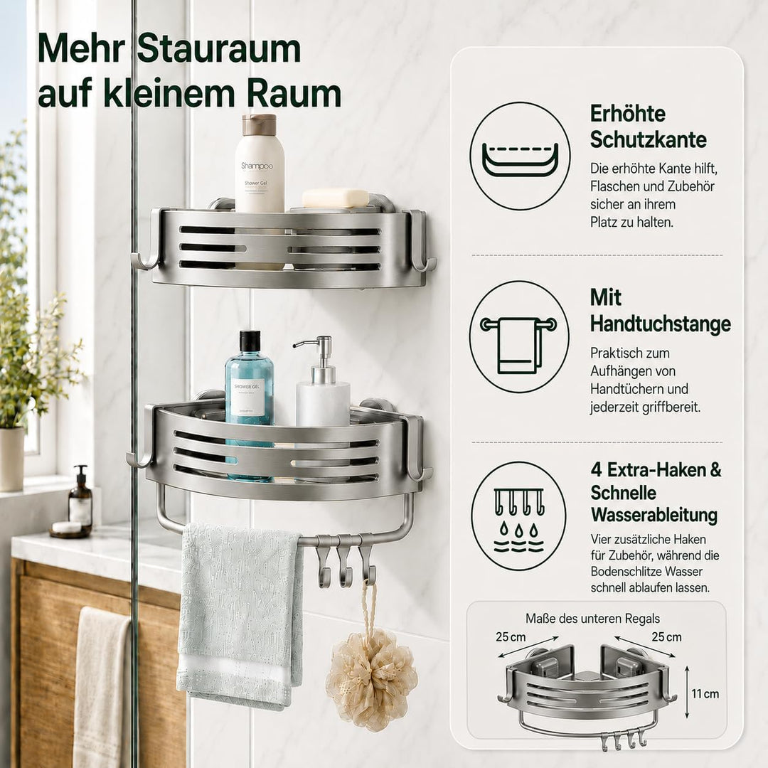 Duschregal Ecke Ohne Bohren, 2er Set Duschablage mit Saugnapf, Aluminium Rostfrei, Eckregal Dusche m