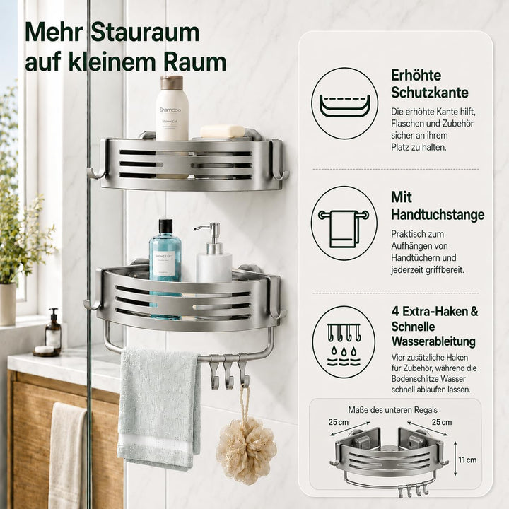 Duschregal Ecke Ohne Bohren, 2er Set Duschablage mit Saugnapf, Aluminium Rostfrei, Eckregal Dusche m