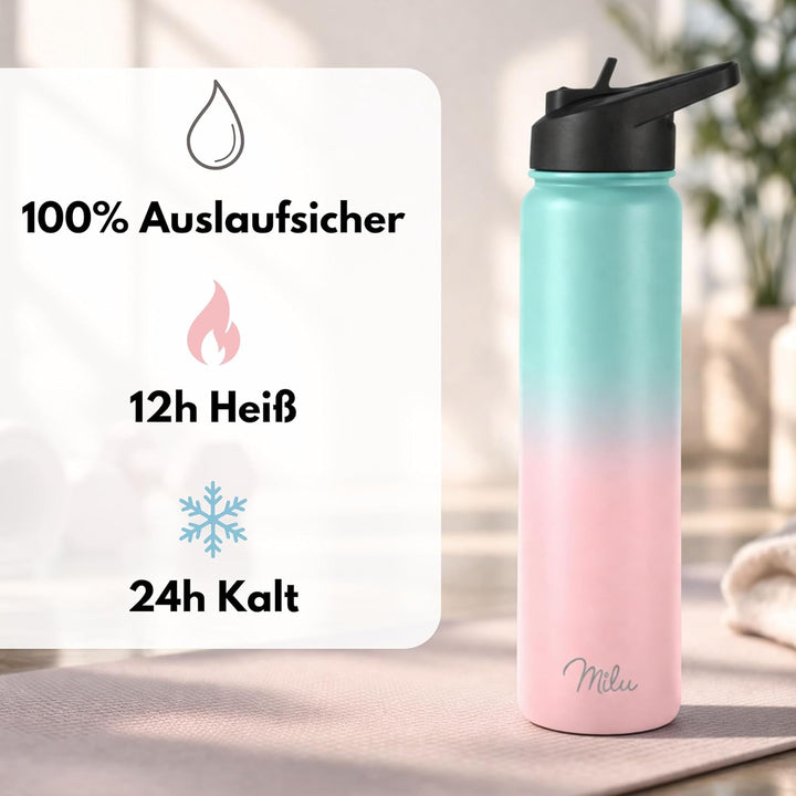 Milu Edelstahl Trinkflasche 500ml, 750ml, 1000ml (+3 Deckel) - Thermosflasche mit Strohhalm, Isolier