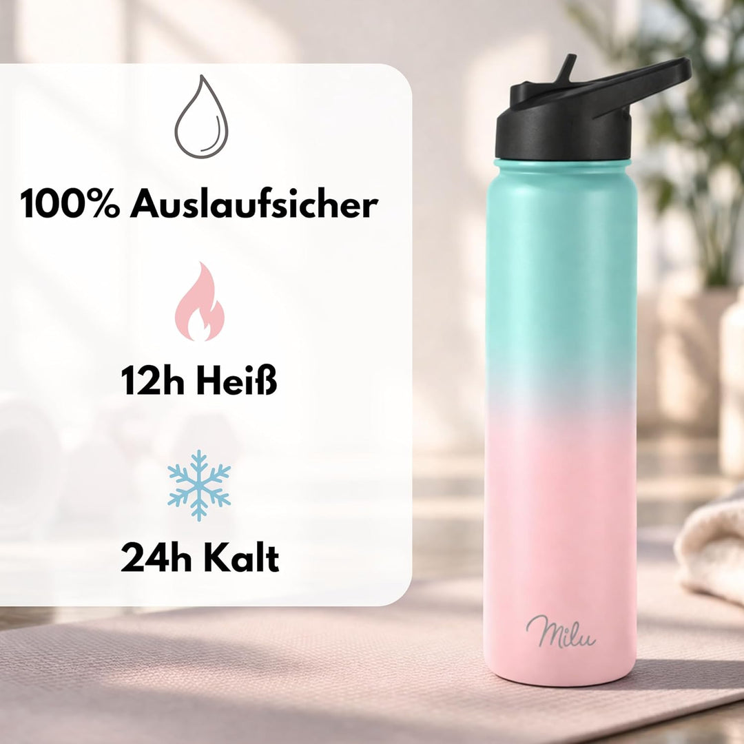 Milu Edelstahl Trinkflasche 500ml, 750ml, 1L (+3 Deckel) Thermosflasche mit Strohhalm, Isolierte Was