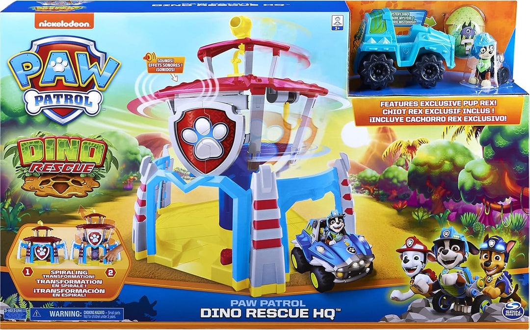 PAW Patrol Dino Rescue Hauptquartier-Spielset mit Geräuschen sowie exklusiver Rex-Figur und Fahrzeug